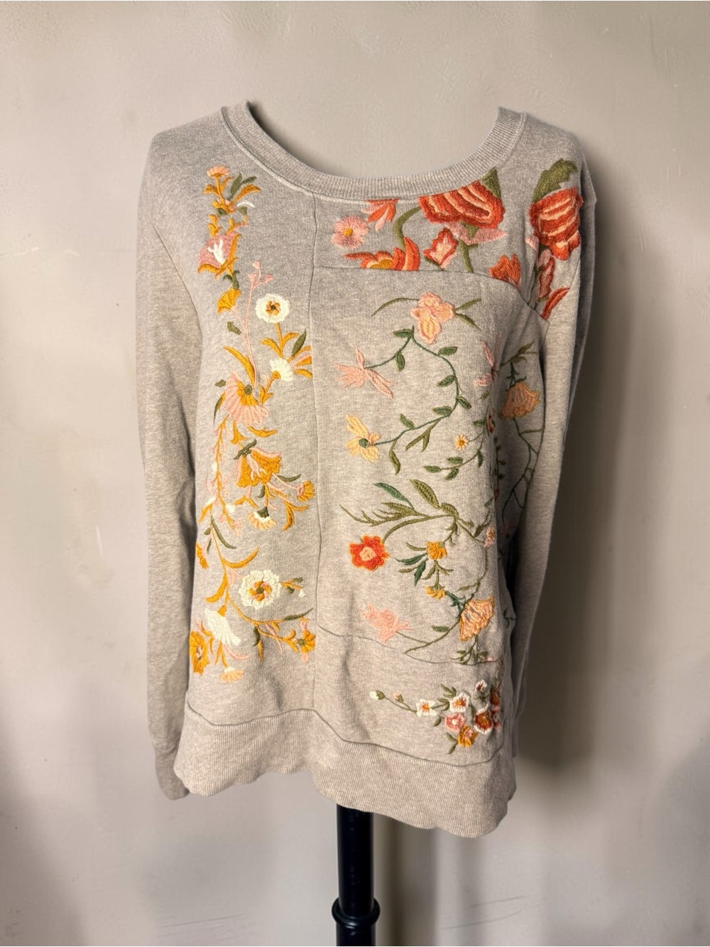 Anthropologie Light Gray Sweatshirt with Multicolor Floral Embroidery - Picture 5 of 11